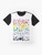 Battle for Dream Island (BFDI) and The Power of Two (TPOT) cast members printed on a graphic t-shirt, including Firey, Leafy, Bubble, Flower, Lollipop, Black Hole, and Barfbag. - Flat lay