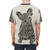 A person wearing a t-shirt with a vibrant polynesian-inspired french bulldog design - men back