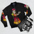 Frida Kahlo inspired bomber jacket with Day of the Dead, "Remember Me" movie, and Mexican cultural elements. - Flat lay