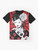 Geisha Japan Graphic T-Shirt featuring a modern, pop art design with a Japanese geisha, flowers, and umbrella in red, white, and black. - Flat lay