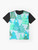 A graphic t-shirt featuring a repeating pattern of wintergreen, snowy Christmas trees on a white background. - Flat lay