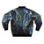 Metallic Ocean Abstract Bomber Jacket with fluid, organic patterns in shades of blue, gold, and white. - Back