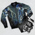 Metallic Ocean Abstract Bomber Jacket with fluid, organic patterns in shades of blue, gold, and white. - Flat lay