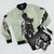 Banksy-inspired bomber jacket with astronaut and shopping bags design - Flat lay