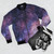 Galaxy-inspired bomber jacket with a deep purple and starry design - Flat lay