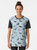 Graphic t-shirt featuring a design of urban pigeons or doves in a flock, with a pattern of gray and white birds. - Women