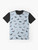 Graphic t-shirt featuring a design of urban pigeons or doves in a flock, with a pattern of gray and white birds. - Flat lay