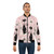Retro-inspired bomber jacket featuring a mid century modern atomic cat design on a warm pink background - Lifestyle