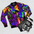 Bright and vibrant rave-inspired neon glow stick bomber jacket - Flat lay