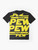 Pew pew pew sci-fi graphic design with laser beams, spaceships, and stars on a black t-shirt - Flat lay