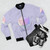 Chaotic gay themed bomber jacket with pastel colors and dice graphics - Flat lay