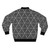 Dark-colored bomber jacket with a repeating triangle pattern, inspired by motion capture technology and Sierpinski triangles. - Back