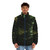 Model wearing a green and gold puffer jacket, inspired by the Marvel character Loki - men front