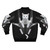 A funny tabby cat sitting in a baby carrier on a bomber jacket - Back