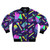 Retro 80s bomber jacket with a bold, vaporwave-inspired design featuring geometric shapes and a corporate core aesthetic.