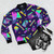 Retro 80s bomber jacket with a bold, vaporwave-inspired design featuring geometric shapes and a corporate core aesthetic. - Flat lay