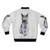 Cozy and stylish bomber jacket featuring an adorable Russian blue cat kitten with green eyes. - Back