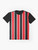 Red, white, and black striped graphic t-shirt - Flat lay