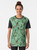 A vibrant green t-shirt featuring a playful monkey design amidst a lush, tropical floral pattern. - Women