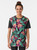 A dark graphic t-shirt featuring a vibrant floral Hawaiian pattern. - Women