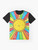 Radiate Positivity graphic t-shirt featuring a colorful design with a smiling sun, rainbows, and positive quotes. - Flat lay