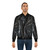Black Leather Bomber Jacket with Zipper and Pockets - Lifestyle