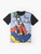 Goofy painting graphic t-shirt with a cartoon dog on a blue and speckle background - Flat lay