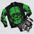 Frankenstein classic green bomber jacket with horror movie and monster design - Flat lay