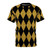 Model wearing a black and gold harlequin pattern t-shirt