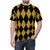 Model wearing a black and gold harlequin pattern t-shirt - men front