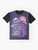 Retro gaming machine graphic t-shirt with pixel art design featuring joystick, vending machine, and 80s neon colors. - Flat lay