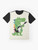 Crocodile wearing a punk rock outfit, standing in front of a rainbow background - Flat lay