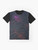 A t-shirt featuring a geometric abstract design with polygons, mosaics, and a vibrant color palette. - Flat lay
