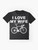 Funny graphic t-shirt with text "I LOVE MY WIFE*" and biking/cycling icons - Flat lay