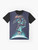 Space-themed graphic design with abstract, surrealist, and neon elements on a t-shirt - Flat lay