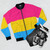 Pansexual Pride Flag Bomber Jacket with pansexual pride colors and patterns - Flat lay