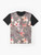 Coral hibiscus graphic t-shirt with tropical floral pattern - Flat lay