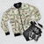 100 dollar bills bomber jacket with graphic pattern and benjamin franklin design - Flat lay