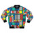 Colorful and geometric Memphis-style color block bomber jacket