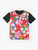 Colorful floral graphic design with flowers, daisies, and 1960s/1970s "flower power" style on a t-shirt. - Flat lay