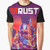 Rust video game graphic t-shirt design featuring the Rust logo and game elements