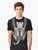 A tabby cat sitting in a baby carrier on a graphic t-shirt - Men