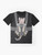 A tabby cat sitting in a baby carrier on a graphic t-shirt - Flat lay