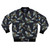 A blue banded bee lino print design on a bomber jacket