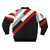 A minimalist bomber jacket with a diagonal stripes pattern in grey, red, and white colors. - Back