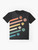 Retro polyhedral dice set in rainbow colors on a minimalist graphic t-shirt for dungeons and dragons fans. - Flat lay