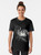 A black and white graphic t-shirt featuring a surreal, cosmic design with an astronaut or spaceman playing on the moon. - Women