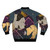 Tarot The Fool Bomber Jacket featuring a long-haired man with a dog, stars, planets, and flowers in blue, gold, and purple. - Back