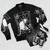White bomber jacket with Pixies "Monkey Gone to Heaven" graphic design - Flat lay
