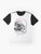 Graphic t-shirt featuring Laika, the famous Soviet space dog, in a space suit and stars - Flat lay